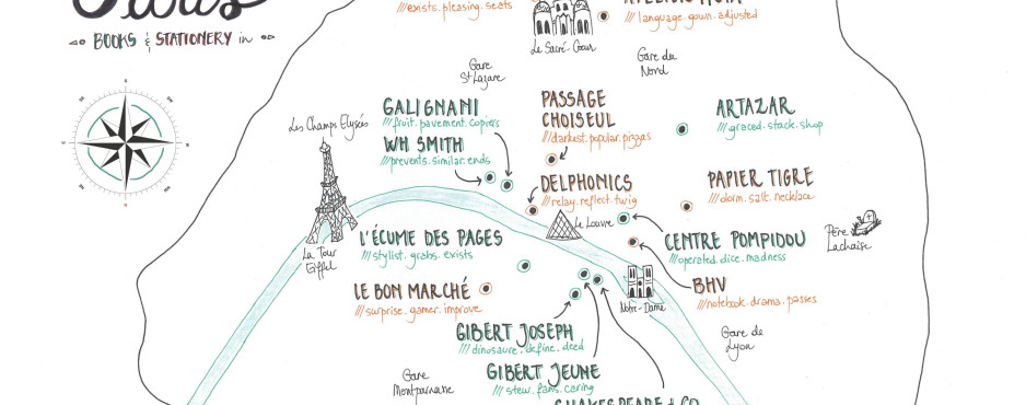 Books and Stationery adresses in Paris, map by Wapapum
