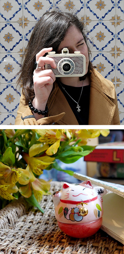 Alex holding a camera, followed by flowers, books, and a ceramic cat